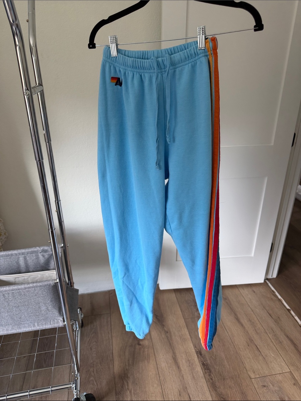 Aviator Nation Light Blue Sweatpants with Rainbow Side Stripes
